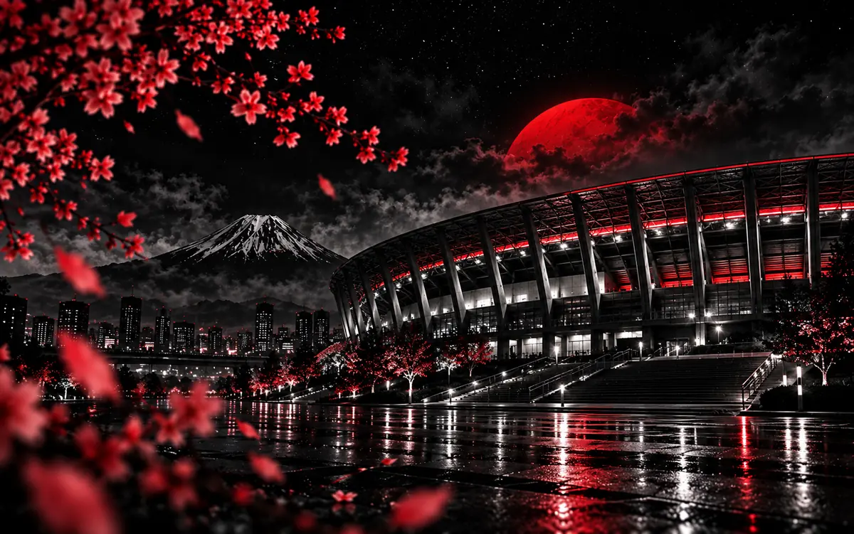 Japanese football stadium at night with red lights and sakura